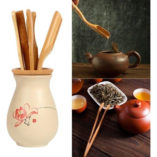 Wooden Teaware Tea Ceremony Utensils Set 5 pieces/set Bamboo Teaspoons Needle Tweezer Clip Strainer Tong Tube Set