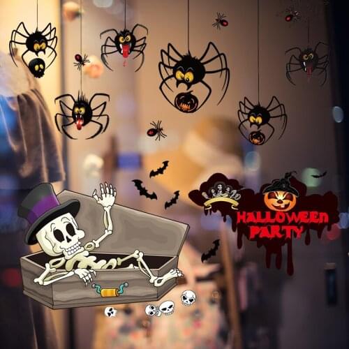 Halloween Party Window Stickers Cartoon Pumpkin Spider Bat Ghost Witch Skull Wall Sticker Glass Window Decals Home Decoration