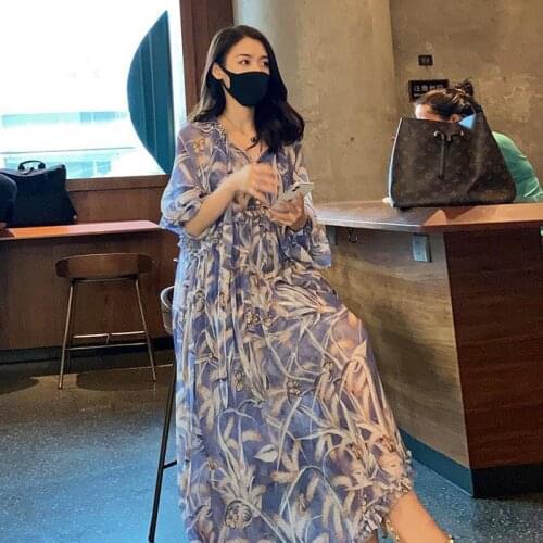 Sexy V-Neck Botanica Bamboo Printed Maxi Beach Dress Unique Loose Summer Flowy Bohemian silk Dresses Abaya Robe