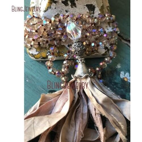 Shabby Sari Silk Tassel Necklace Vintage Necklace Crystal Beads Rondelles Knot Beads Necklace NM15567