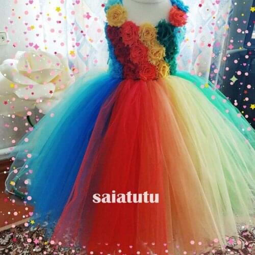 Rainbow dancing T-show flower girl wedding dresses children party princess kids birthday gift piano christmas tutu dress Vestido