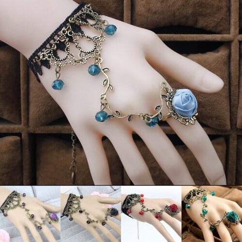 Retro Gothic Lace Bracelet unique Rose Flower Beads Harness Bracelet Chain Women Temperament Lace Bracelet Jewelry Gifts
