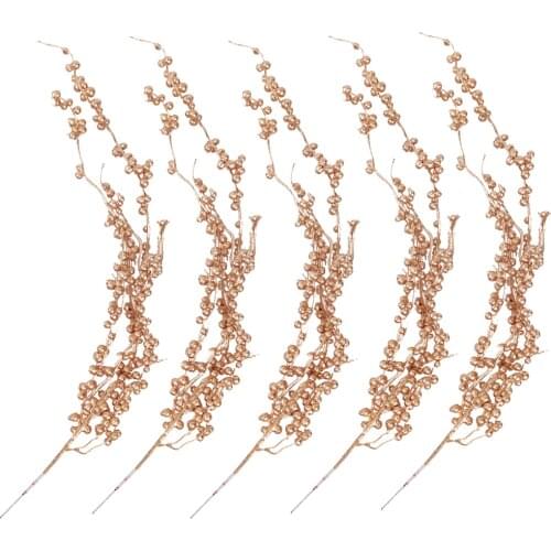5Pcs Golden Simulation Bubble Berry Branch Christmas Party Props Floral Ornament Decorative Flower for Evening Party Decor