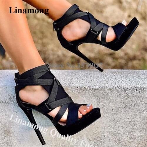 Linamong Western Fashion Open Toe Platform Gladiator Sandals Black Suede Leather Cut-out Strap Cross High Heel Sandals Heels