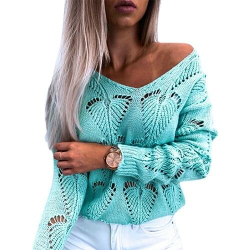 Women Autumn Winter Sweaters V-neck Hollow Casual Long-sleeved Sexy Pullover Female Holloe Out Sweater