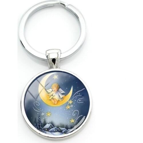TAFREE Moon Angel Baby 25mm Painting Art Keyring Dark Background Babys With Wings Glass Dome Key Mom Women Jewelrys
