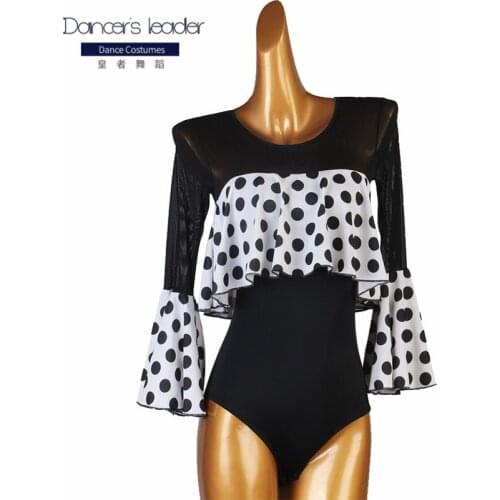 Latin Dance Practice Clothes Trumpet Long Sleeve White Polka Dot Jumpsuit Perspective Mesh Rumba Dance Tops Samba Dance Costumes