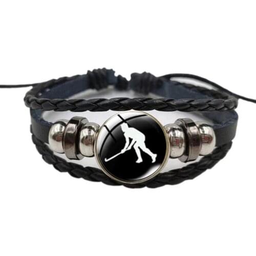 Vintage Black Leather Bracelet Style Hockey Player Silhouette Art Bracelet Sports Game Ice Hockey Charm Wristband Sports Jewelry