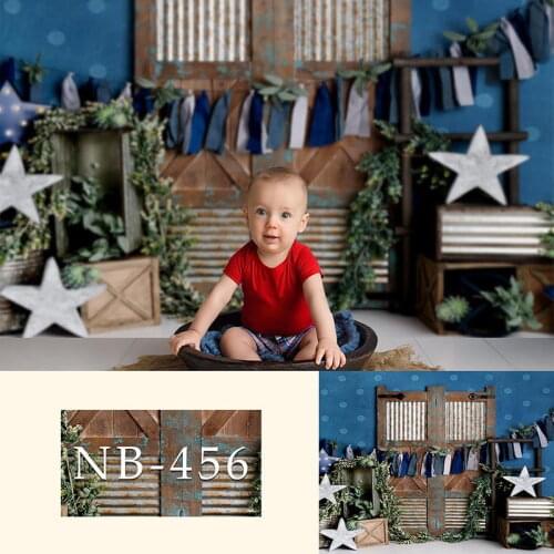 Vintage Wooden Door Blue Wall Happy 1st Birthday Photography Backgrounds For Newborn Baby Kids Green Leaves Stars Decoration