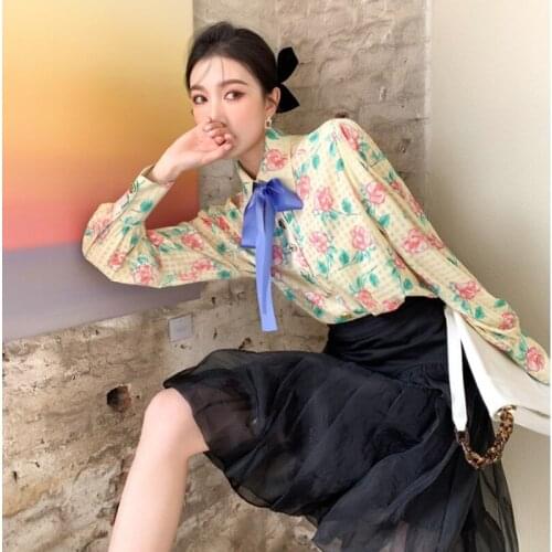 Fashion Women Sweet Grid Jacquard Printing Blouse 2021 Autumn Long Sleeve Belted Bow Lady Streetwear Elegant Shirt Top