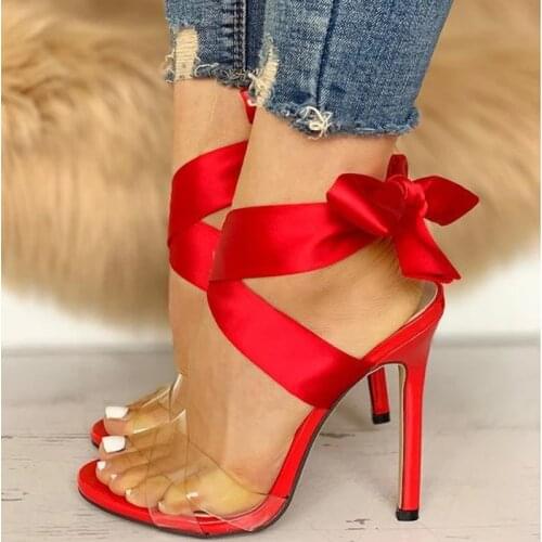 2021 Summer Women Sandals Plus Size 43 Sexy Red Thin High Heels Sandales Ankle Strap Slik Sandals Peep Toe Party Ladies Shoes