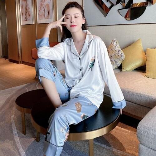 Summer Women Print Cartoon Pajamas Sets 2PCS Faux Silk Pyjamas Suit Sexy Turn-Down Collar Sleepwear Nightwear Lounge Home Wear