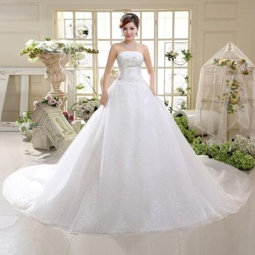 Wedding Dress Illusion Strapless Sleeveless Tulle Lace Sequined Embroidery Backless Luxury Train Crystal Women Bride Gown GB082