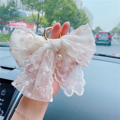 New Cute Lace Bowknot Fabric Lovely Ribbon Lace Keychain For Women Key Chains Ring Car Bag ABS Plastic Pearl Pendent Charms Gift