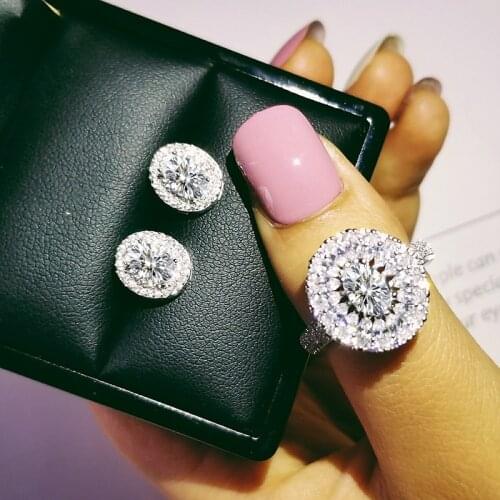 2pcs Pack 925 Sterling Silver Jewelry set halo Engagement ring round stud earring for Wedding christmas gift party J4942
