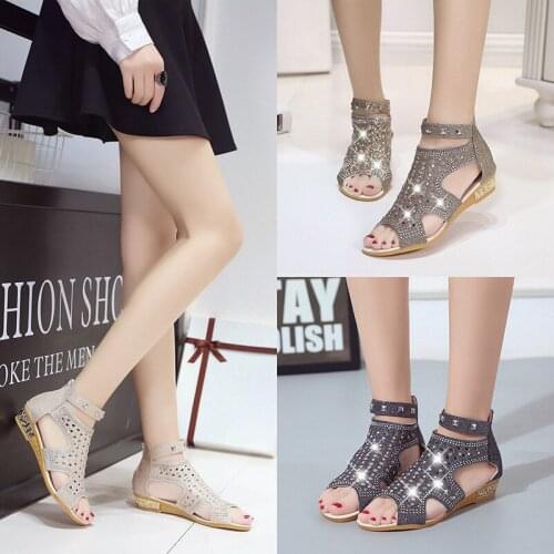 2020 Low Heel Sandals Fish Mouth High To Help Roman Style Back Zipper Sandals non-slip Rhinestone Rivet Gladiator Sandals