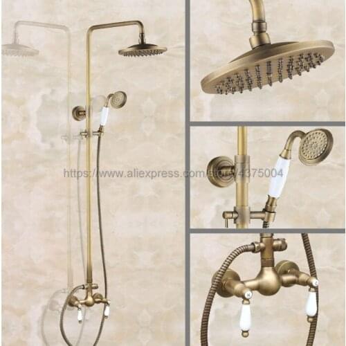 Antique Brass Shower Faucet Set 8 Inch Shower Head Hand Shower Sprayer W/ Hand Shower Wall Mounted Mixer Tap Nan118
