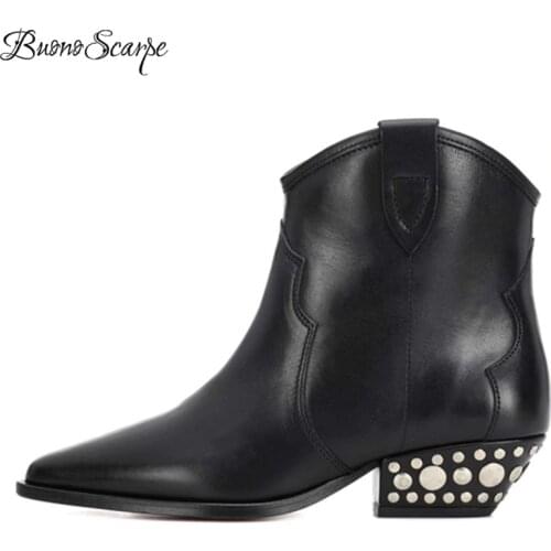 BuonoScarpe Chunky Heel Ankle Boots Women Pointed Toe Slip On Fashion Rivets Studds Short Boots Black Real Leather Knight Boots
