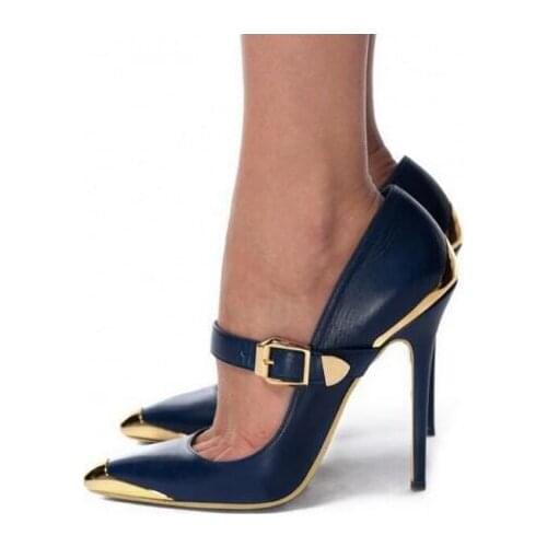 Dipsloot Dark Blue Gold Metal Toe Ankle Strap High Heel Shoes Woman Sexy Party Pointed Toe Stiletto 10 cm Heel Shallow Pumps