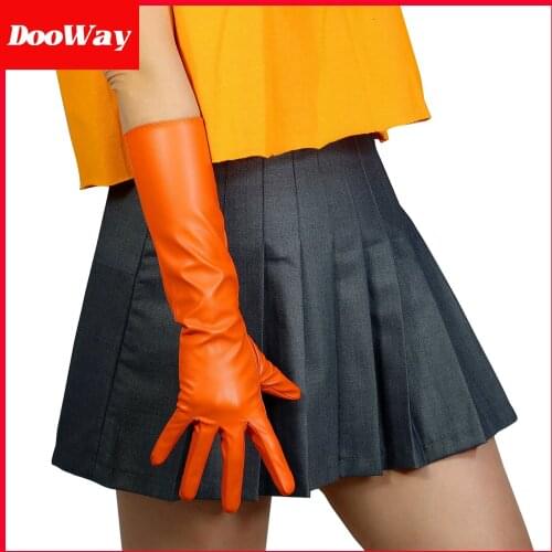 DooWay Long Faux Leather Gloves for Women Opera Evening Orange 16 inches Elbow Length