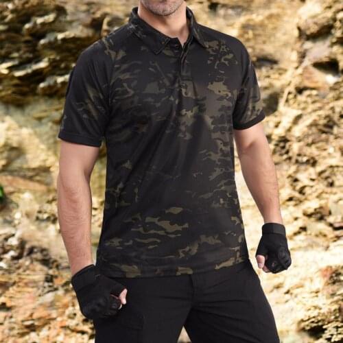 Sports T-shirt Camouflage Short Sleeve Men Lapel Button Loose Top for Outdoor New Mens Summer Casual Tactical Military Clothing