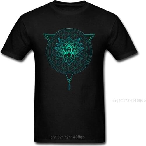 Tshirt Man Lotus Flower of Life Mandala in Geometric Triangle T-shirt Mens T Shirt Hinduism Buddhism Tops Tees Cotton Clothing