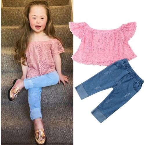 Citgeett Summer Toddler Kids Girls Newborn Clothes Off Shoulder Lace Tops Denim Pants Outfits Set Clothing