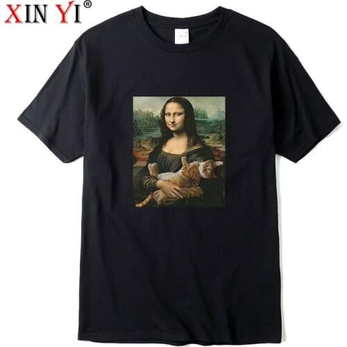 XIN YI Mens High Quality 100% cotton casual Funny Mona Lisa print t shirt loose o-neck men short sleeve t-shirt male tee tops