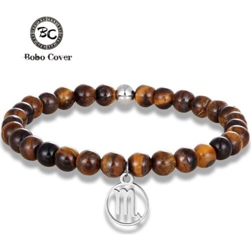 Vintage 12 Zodiac Tiger eyes Stone 6mm Beads Charm Bracelets Men stainless steel Accessories Yoga Couple Bracelet Jewelry homme