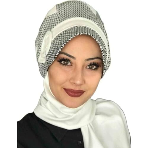 New Fashion 2021 Islamic Headscarf Turban Womans Hat Spring Summer Scarf Black White Patterned Buckle Çarkfelek White Scarf Hat