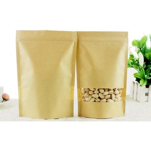 Kraft paper zip lock seal standing pouch with see through window PE snacks food gift bags 9 sizes choice 80pcs lot