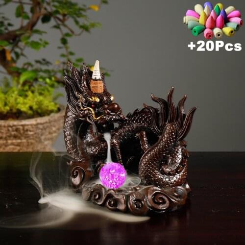 Chinese Dragon Lucky Mascot Ornaments Backflow Incense Burner With LED Glowing Ball Incense Fountain Gift 20Pcs Incense Conese
