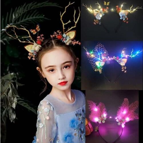 LED Reindeer Antlers Headband Christmas Deer Ear Flower Glow Light Crown Hair Band Valentines Day Easter Wedding Birthday Party