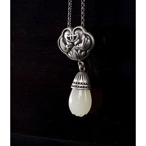 S925 pure silver antique mosaic and Jade white magnolia flower mandarin duck lotus lady high-end pendant wholesale