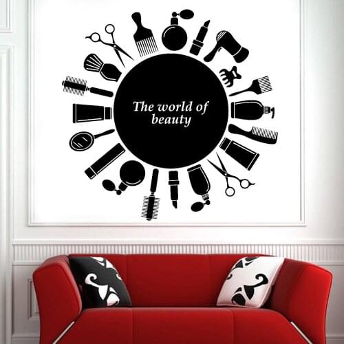 Beauty Hair Salon Symbol Vinyl Wall Decal Beauty Salon Tool with Text Wall Sticker Waterproof Glass door Room Decoration Z363