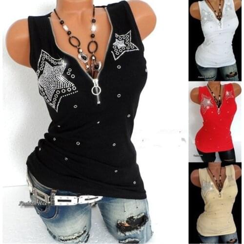 Sliver Star Metal Ring Setting Tops Sexy Deep V Neck Sequined Sleeveless T-shirt Female Club Party Tee Shirt Tops WDC2082