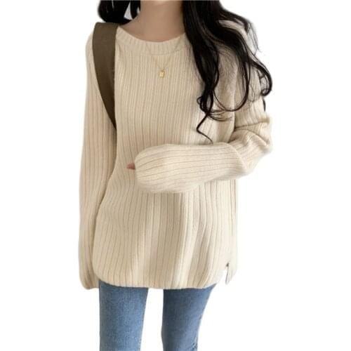 Autumn Winter Knitted Woman Sweaters O-Neck Split Fork Pullovers Womens Jumper Tops Loose Long Sleeve Women Sweater Girls