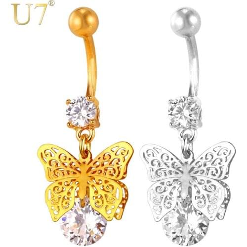 U7 New Butterfly Belly Button Ring For Women Gift Body Jewelry Party Cubic Zircon Belly Navel Ring Piercing D011