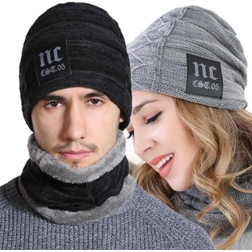 New Unisex Winter Hat Neck Warmer Hat Set NC Label Beanie Hat Casual Winter Hats For Men Women Add Fur Lining Warm Knitted Hat