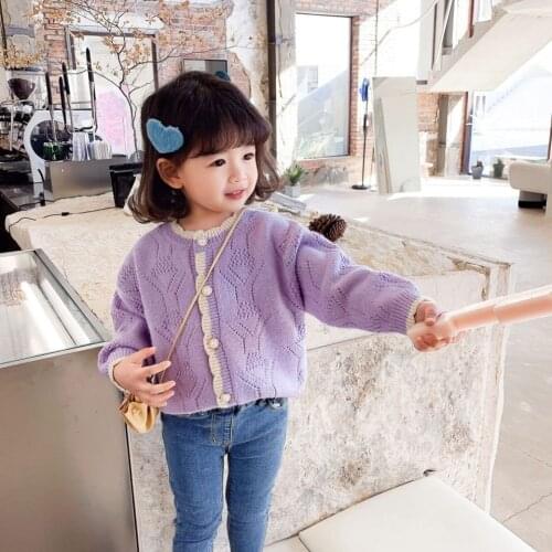 Girls' Spring Clothes 2021 New Childrens Spring and Autumn Knitted Fashionable Cardigan round Neck Long Sleeve Coat