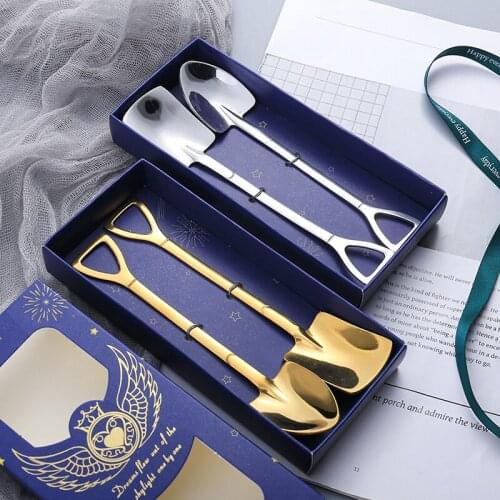 Stainless Steel Iron Shovel Spoon Coffee Ice Cream Spoon Engineering Shovel Retro Cute Square Head Spoon Kitchen Gadget Coffee