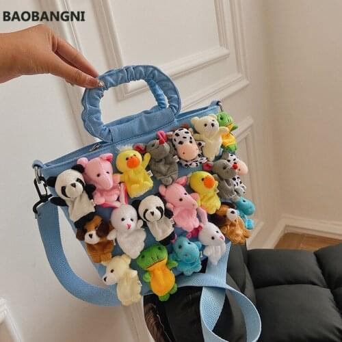 Kawaii Cute Animal Canvas Crossbody Bag with Short Handle for Women Designer Shoulder Handbags Female Student Totes
