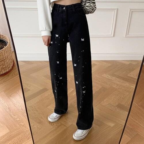 High Waist Black Womens Jeans 2021 New Streetwear Vintage Butterfly Embroidery Straight Pants Baggy Wide Leg Denim Trouser