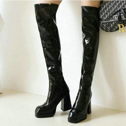 Patent PU Leather Women Over the Knee Boots Platform Thick High Heel Ladies Thigh Boots Square Toe Side Zipper Ladies Long Boots