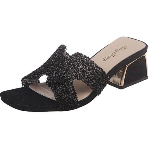 Women‘s Slippers 2019 Summer New Women Shoes Crystal Solid Outdoor Women Slides Square Thick Heel Ladies Slippers