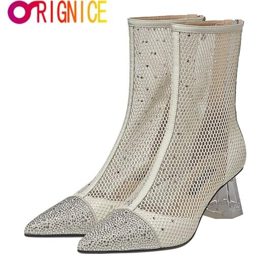Orignice Fashion Women Kid Suede Mesh Ankle Cool Boots Pointed Toe Thick Heels Zipper Breathable Summer Shoes Handmade