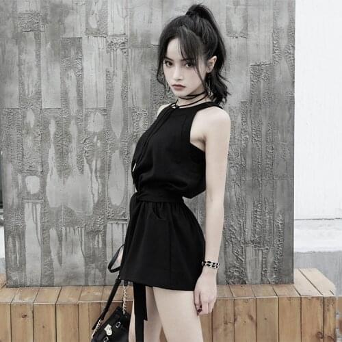 Ruibbit New Arrival Summer Gothic Punk Women Sleeveless Solid Black Elastic Waist Loose Female Sexy Overall Jumpsuits Romper