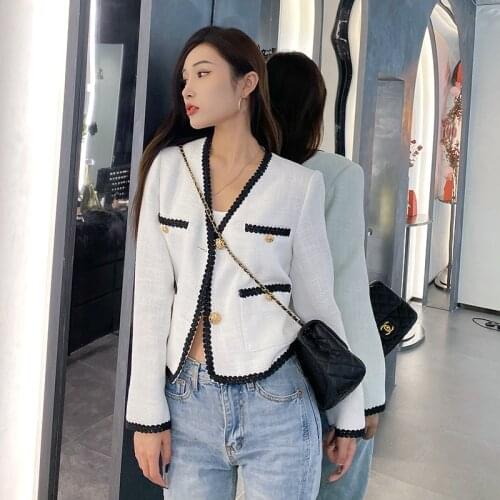 2021 Autumn Celebrities Temperament Single Breasted Long Sleeves Stitching Contrast White Short Tweed Coats Women Jackets