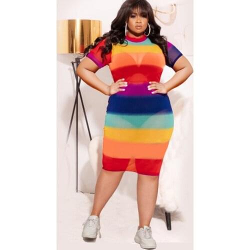 See Through Sexy Mesh Dresses Plus-Size Short-Sleeves O-Neck Bodycon Party Club Rainbow Colorful Knee Length Dress For Women