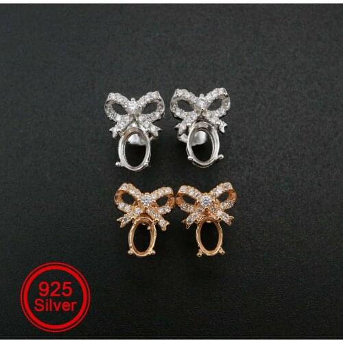 1Pair Oval Studs Earrings Settings Bow Knot Rose Gold Plated Solid 925 Sterling Silver Bezel DIY Supplies for Gemstone1706057